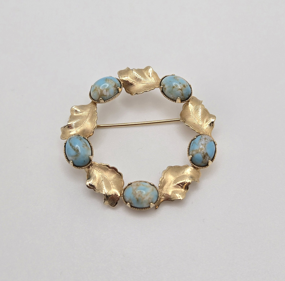 Vintage R Inc Wreath Brooch Turquoise Stones 12k Gold Fill Retro Midcentury 1.5"